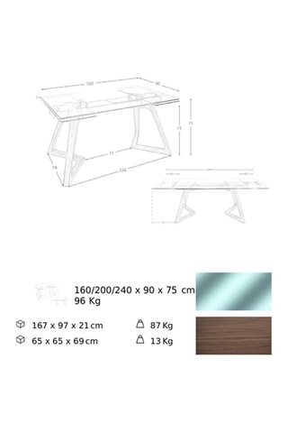 Table à manger extensible en noyer et verre - 160 x 75 x 90 cm
