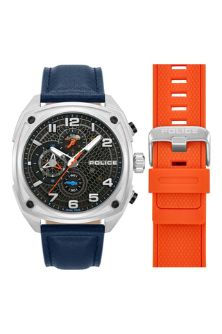 Reloj de cuarzo de piel Urban y correa de piel - GMT - Azul marino, naranja y plateado - Police