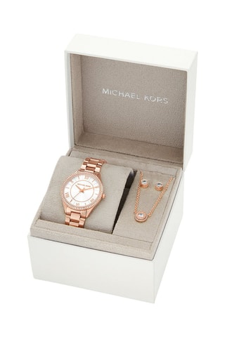 Estuche reloj de cuarzo de acero, collar y dormilonas - Rosa dorado y blanco