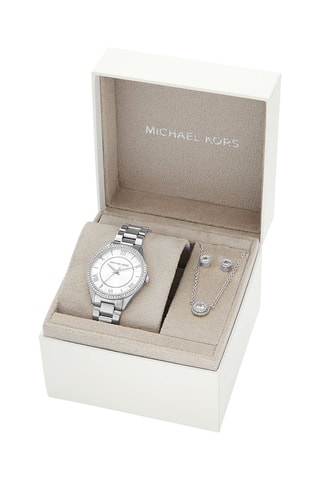 Estuche reloj de cuarzo de acero, collar y dormilonas - Plateado