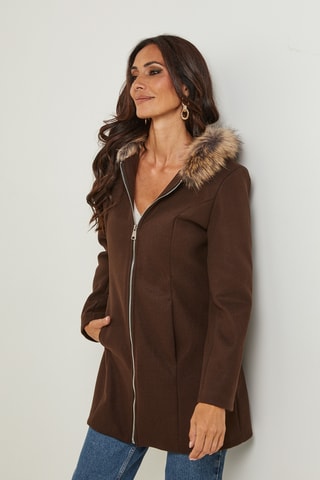Manteau droit à capuche - Marron