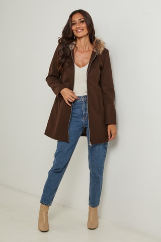 Manteau droit à capuche - Marron