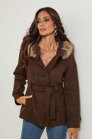 Manteau droit à capuche - Marron