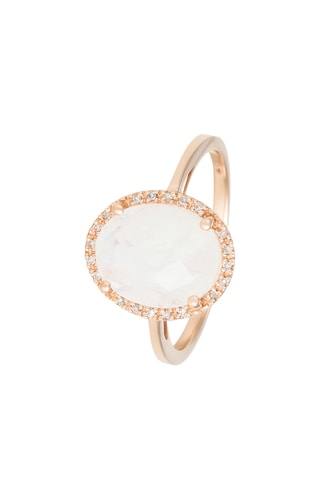 Anillo - Oro rosa, piedra de luna y diamantes