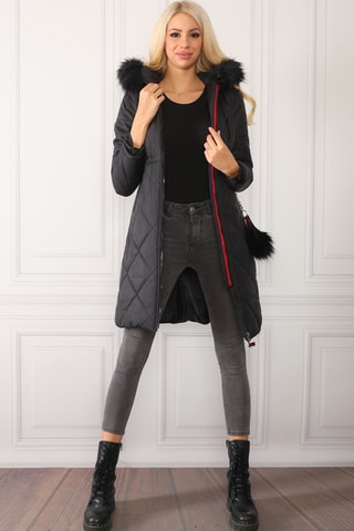 Doudoune longue - Gris, noir et rouge