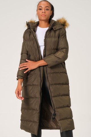 Doudoune longue à capuche - Vert et beige