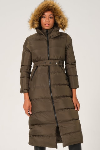 Doudoune longue à capuche - Vert et beige