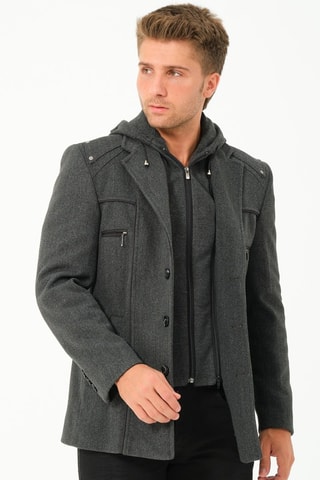 Manteau regular en laine à capuche - Gris