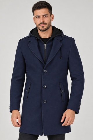 Manteau à capuche en laine - Bleu foncé