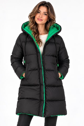 Doudoune longue à capuche - Noir et vert