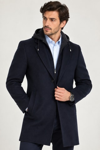 Manteau à capuche en laine - Bleu foncé