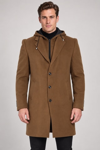 Manteau à capuche en laine - Camel