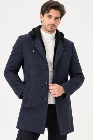Manteau à capuche en laine - Bleu foncé