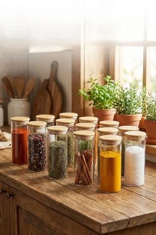 12 barattoli spezie in vetro borosilicato e bambù - 50 cl
