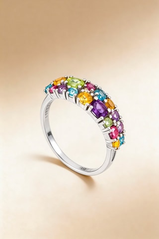 ##Bague Bubble Rainbow - Or blanc, diamant, améthystes, topazes, citrines, péridots et rhodolites