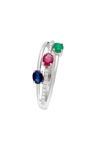 ##Bague Trio de Précieuses   Or blanc, diamants, saphir, émeraude et rubis