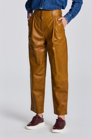 Pantalon straight en cuir d'agneau - Camel
