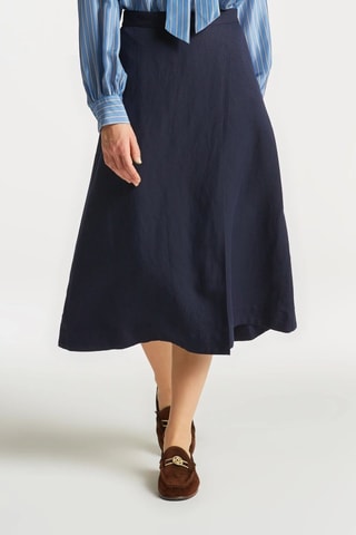 Jupe portefeuille midi en lin - Bleu marine