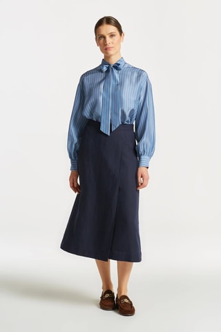 Jupe portefeuille midi en lin - Bleu marine