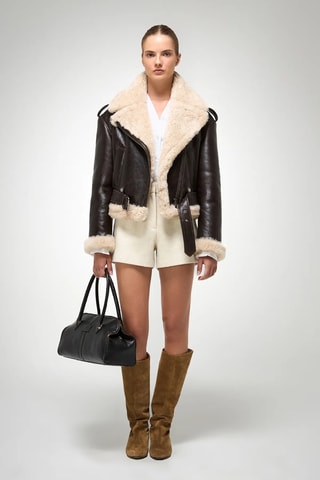 Casaco regular em shearling - Castanho-escuro