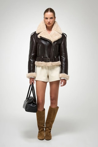Casaco regular em shearling - Castanho-escuro