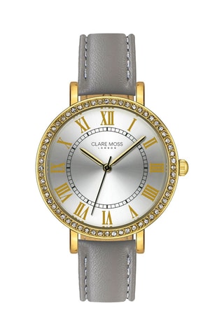 Kalfsleren Quartz Horloge met Zirkonia’s Porcelain - Donkergrijs en goudkleurig