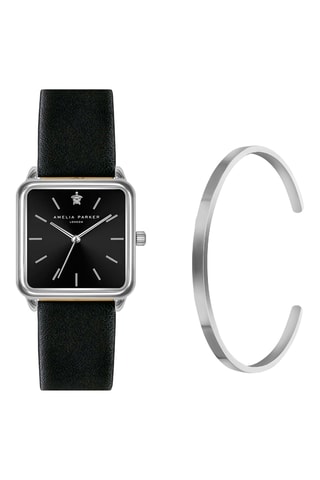 Set Leren Quartz Horloge en Open Armband Night Voyage
