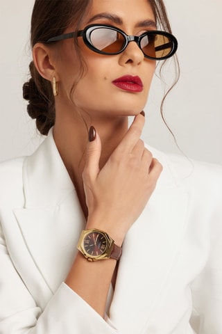 Kalfsleren Quartz Horloge Burgundy - Bruin en Goudkleurig