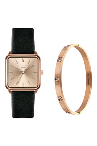 Set Leren Quartz Horloge en Armband Gold Plaza