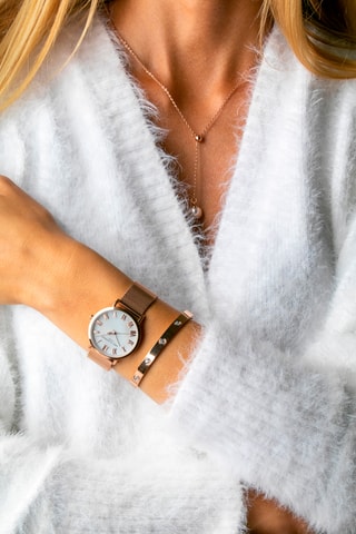 Set Leren Quartz Horloge en Armband Gold Plaza