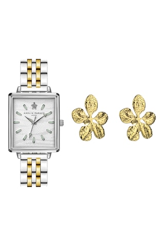 Set Stalen Quartz Horloge en Oorbellen White Desert