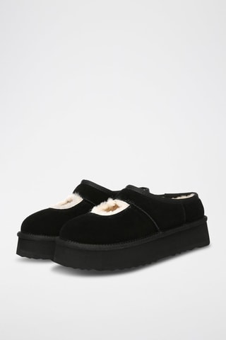 Gevoerde Nubuck Platform Clogs Plumed  - Zwart