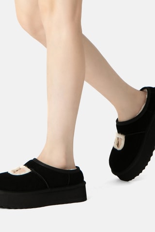 Gevoerde Nubuck Platform Clogs Plumed  - Zwart