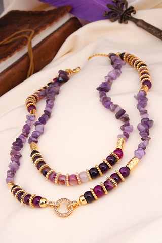 Collar de doble vuelta - Chapado en oro amarillo, ágatas y circones