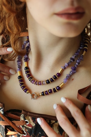 Collar de doble vuelta - Chapado en oro amarillo, ágatas y circones