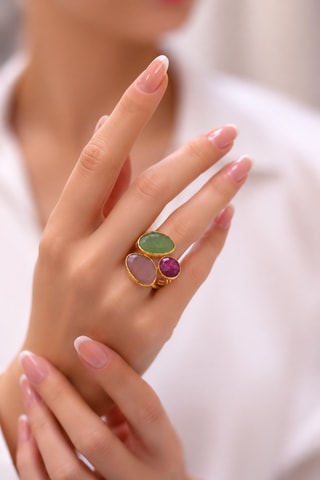 Anillo - Chapado en oro amarillo, rubí y ojos de gato