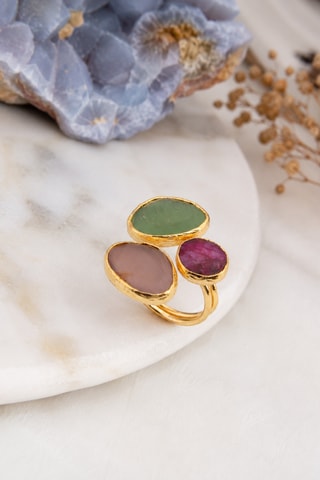 Anillo - Chapado en oro amarillo, rubí y ojos de gato