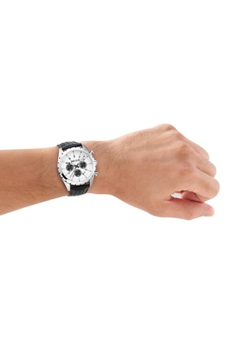 Montre à quartz en cuir - Chronographe - Noir et argenté