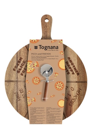 Tabla para cortar y cortapizzas de madera de acacia y acero inoxidable Pizza And Friends