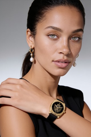 Leren Quartz Horloge- Zwart en Goudkleurig