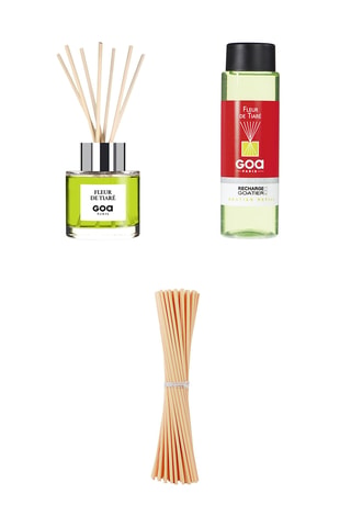 Ambientador de varillas Goatier - Flor de tiaré - 200 ml, Recarga Goatier - Flor de tiaré - 250 ml  y 7 varillas de ratán - 20 cm