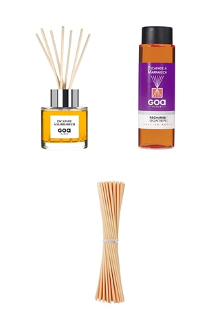 Ambientador de varillas Goatier - Escapada a Marrakech - 200 ml, Recarga Goatier - Escapada a Marrakech - 250 ml  y 7 varillas de ratán - 20 cm