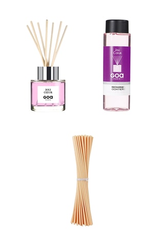 Ambientador de varillas Goatier - Joli Coeur - 200 ml, Recarga Goatier - Joli Coeur - 250 ml  y 7 varillas de ratán - 20 cm