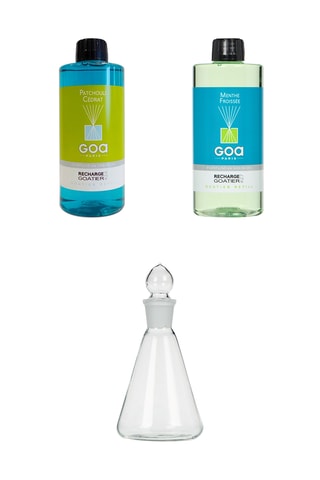Recarga Goatier - Pachuli y cidro - 500 ml, Recarga Goatier - Menta picada - 500 ml y Recipiente de recarga Goatier - Transparente - 300 ml