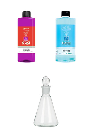 Recarga Goatier - Jazmín ylang - 500 ml, Recarga Goatier - Aire de montaña - 500 ml y Recipiente de recarga Goatier - Transparente - 300 ml