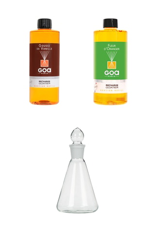 Recarga Goatier - Ramas de vainilla - 500 ml, Recarga para ambientador de varillas Goatier - Azahar - 500 ml y Recipiente de recarga Goatier - Transparente - 300 ml