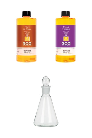 Recarga Goatier - Haba tonka - 500 ml, Recarga para ambientador de varillas Goatier - Monoi y vainilla - 500 ml y Recipiente de recarga Goatier - Transparente - 300 ml