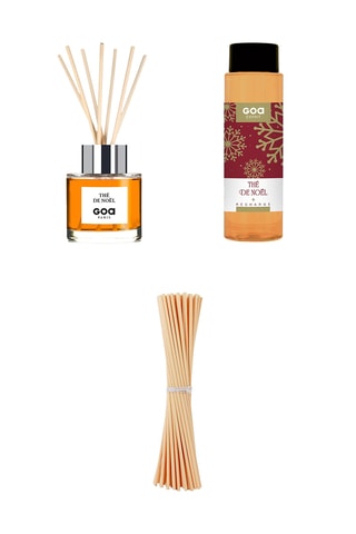 Ambientador de varillas Goatier Thé de Noël - 200 ml, Recarga para ambientador de varillas Goatier - Té de Navidad - 250 ml  y 7 varillas de ratán - 20 cm