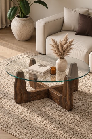 Table basse en pin et verre - 80 x 34 cm