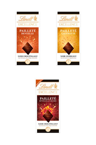 5 tablettes Excellence Noir Dentelle - 100 g, 5 tablettes Excellence Noir Gaufrette - 100 g et 	5 tablettes Excellence Noir Dentelle Caramel - 100 g